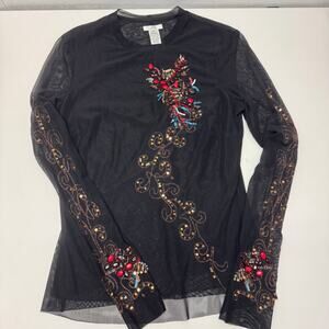 Cache Womens Large Vintage Black Red Beaded Embellished Long Sleeve Mesh Top Y2K
